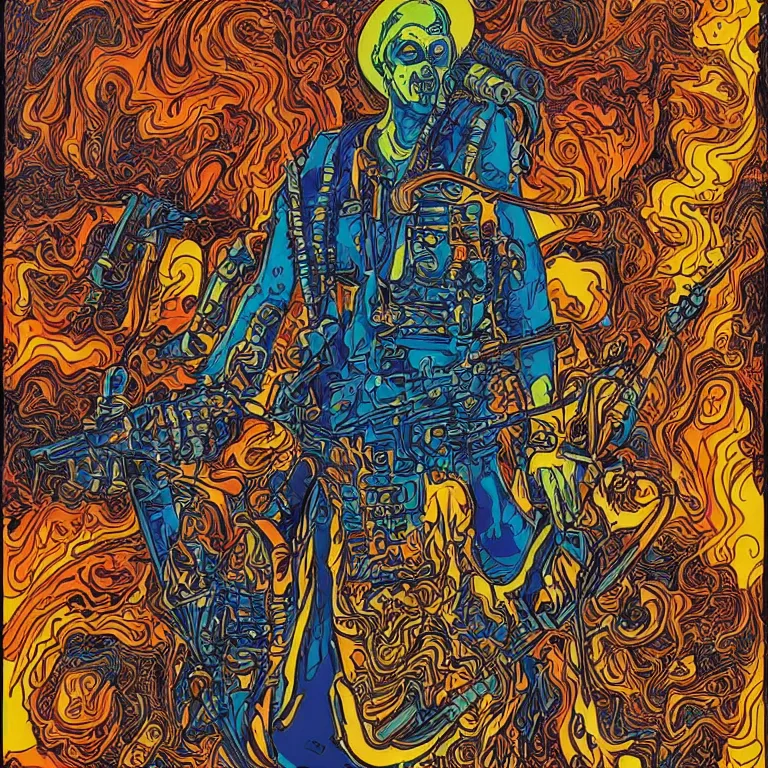 Prompt: beautiful colorful hyperrealist highly detailed psychedelic music poster'zombie ghostbuster ', psychedelic art nouveau, beautiful high contrast colored wood engraving, moebius comic style, shocking detail trending on artstation 8 k