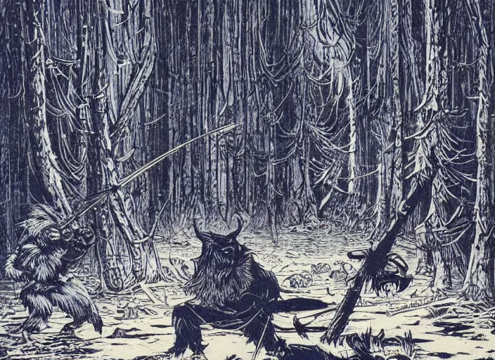 Image similar to blue woodcut print cartoon, bugbear at midnight by greg rutkowski, fine details, highly detailed
