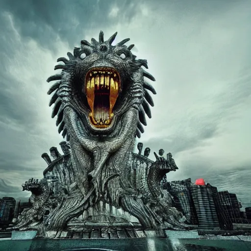 Prompt: wide - angle creepy digital illustration of the merlion, h. r. giger, grim lighting