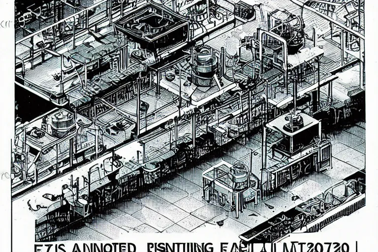 Image similar to 1 9 7 9 edition of automated tokyo fish processing plant. art in the style of vincent di fate's cyberpunk 2 0 2 0.