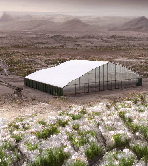 Image similar to a matte painting of a white 3 stepped biroremediation architecture, greenhouse in the mining tailings in the desert, prairie, cottage town, foggy, patchy flowers, oil painting, pale colors, high detail, 8 k, wide angle, trending on artstation, behance