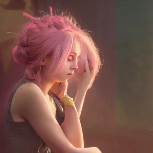 Prompt: a photorealistic dramatic fantasy render of a pink coloured haired young girl with a black cup on her head by wlop, artgerm, greg rutkowski, alphonse mucha, beautiful dynamic dramatic dark moody lighting, shadows, cinematic atmosphere, artstation, concept design art, octane render, 8 k