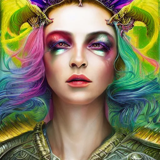 Image similar to A princess with rainbow wings and rainbow hair. complex hyper-maximalist over-detailed, cinematic cosmic scifi portrait of an elegant very attractive but wild and dangerous witch anthropomorphic female warrior god by andrei riabovitchev, tomasz alen kopera, oleksandra shchaslyva alex grey and bekinski. Fantastic realism. Volumetric soft green and red lights. Ominous intricate. Secessionist style ornated portrait illustration. Unreal engine 5. Focus on face. Artstation. Deviantart. 8k 4k 64megapixel. Cosmic horror style. Rendered by binx.ly. coherent, hyperrealistic, lifelike textures and only one face on the image.