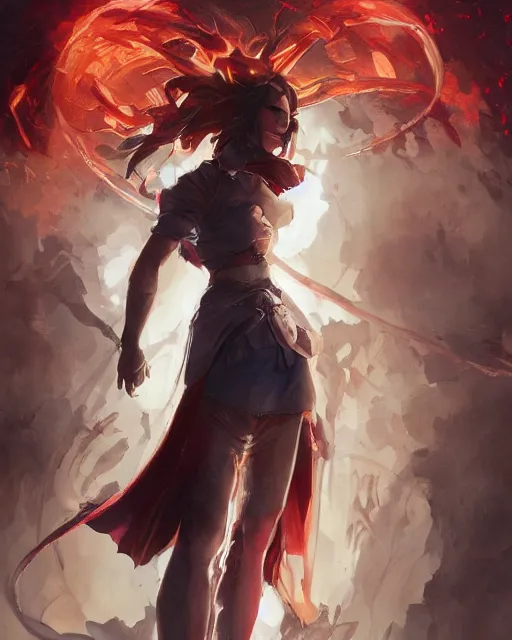 Image similar to red eyed anime girl, flames everywhere, highly detailed, digital painting, artstation, concept art, smooth, sharp focus, illustration, art by artgerm and greg rutkowski and alphonse mucha