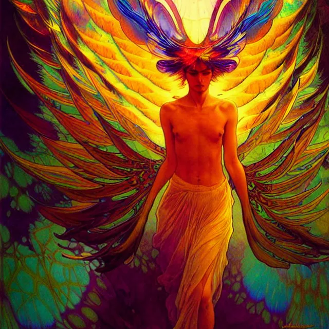 Prompt: psychedelic transcendent feather mind bending psychedelic wings of glossy liquid honey flowing like kaleidoscopic translucent holograph, lsd feathers, honey wind, enlightenment, high contrast dappled lighting, refracted sunset, highly detailed, concept art, art by collier, albert aublet, krenz cushart, artem demura, alphonse mucha