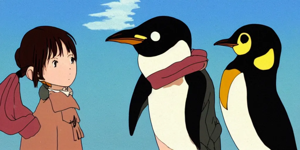 Image similar to an imaginary penguin sitting on a girl's shoulder, still from a studio ghibli film