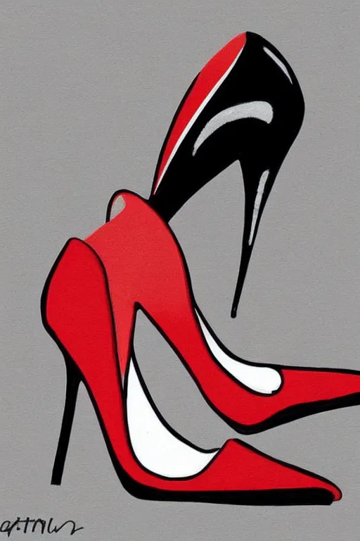 Prompt: black high heels with red bottoms, illustration, high fashion, wall art, elegant, japanese art style,