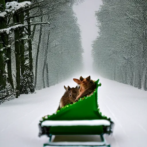 Prompt: mice riding a sleigh in the snow, white and grey, green trees, award winning macro shot, in focus, national geographic