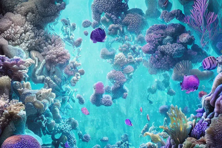 Image similar to stunning ultra realist waves underwater curiosities reflections and refractions corals and fishes carnival, symmetry accurate features, focus, very intricate ultrafine details, blue purple aqua colors, award winning masterpiece, octane render