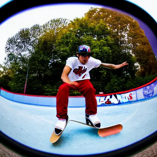 Image similar to benny from chicago bulls skating, fish eye photo