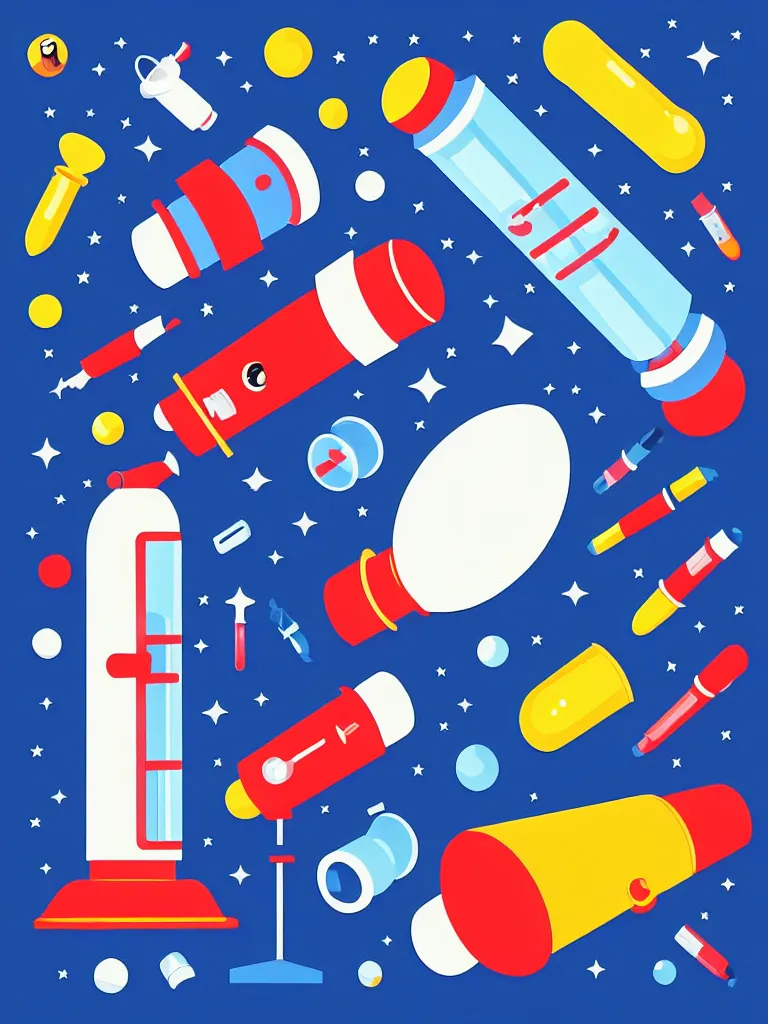 Image similar to editorial illustration scientific lab test tube telescope microscope spaceship, colorful modern, mads berg