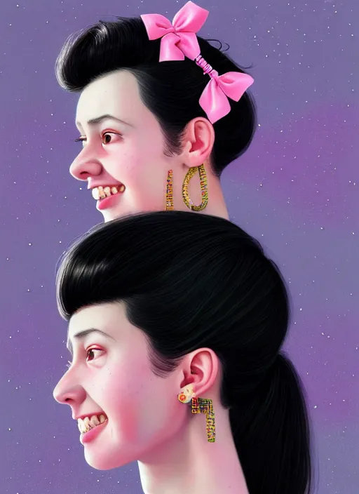 Image similar to portrait of high school girl, realistic, black hair, bangs, half updo hairstyle, pointy nose, skinny, smile, ugly, defined jawline, big chin, pink hair bow, earrings, intricate, elegant, glowing lights, highly detailed, digital painting, artstation, sharp focus, illustration, art by wlop, mars ravelo and greg rutkowski