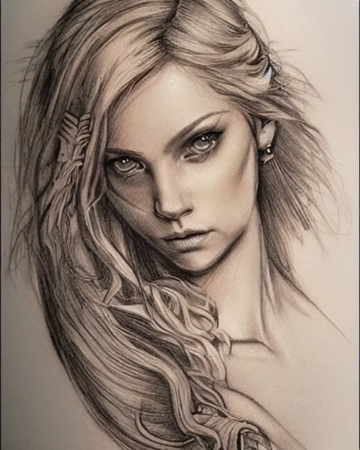 Image similar to tattoo sketch of beautiful greek goddess aphrodite, bow and arrow, beautiful piercing eyes, flowing blonde hair, realistic face, hyper realistic, in the style of greg rutkowski, fantasy, amazing detail, epic, intricate, elegant, smooth, sharp focus
