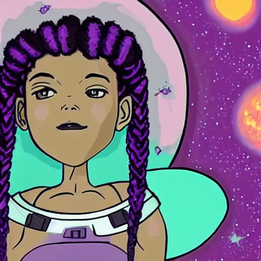 Prompt: black woman with purple dreads in space in the style of ghibli