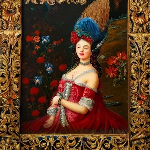 Prompt: A beautiful rococo painting of a Persian woman covered in peacock feathers standing before a red mosaic wall. ultra-detailed.