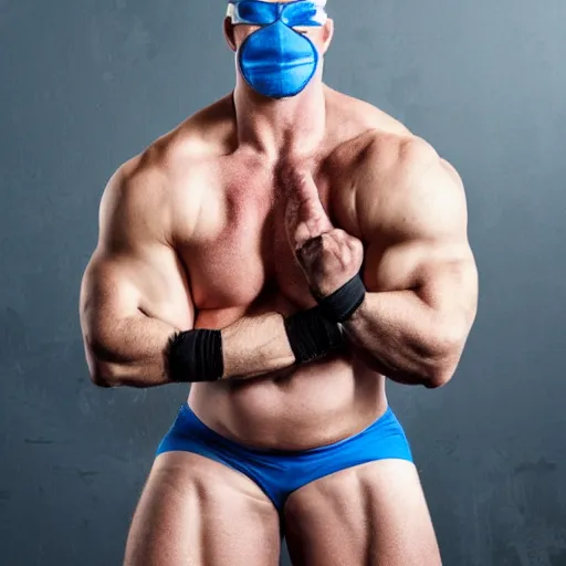 Image similar to muscular wrestler, bald, eyepatch, blue mask covering mouth, realistic,