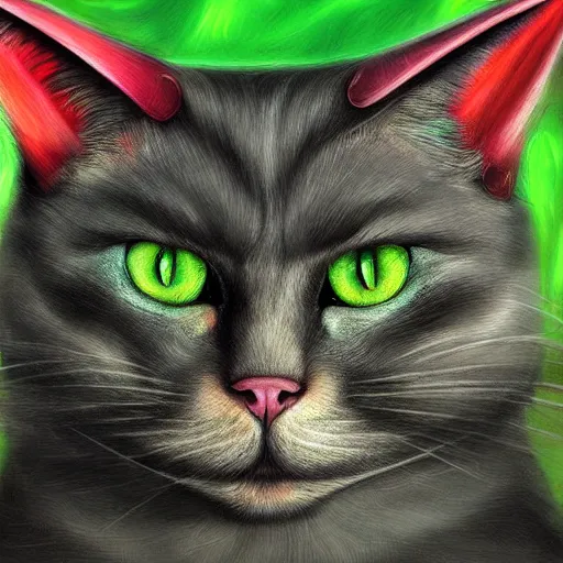 Image similar to beautiful fantasy portrait of a devil cat with green eyes, high detail, fantasy art, concept art, 4 k, ultra detail, computer art