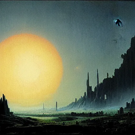 Image similar to scenary of sci - fi apocalyptic moon end of the world by caspar david friedrich