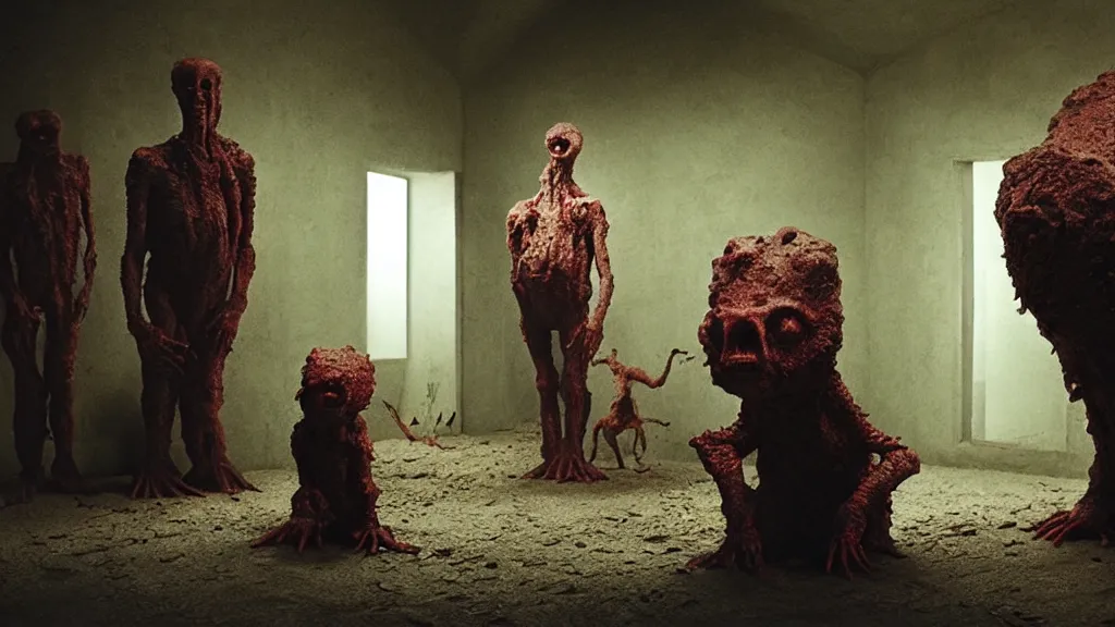 Image similar to the creature in the basement, made of ceramic and blood, surrounded by animals, film still from the movie directed by denis villeneuve and david cronenberg with art direction by salvador dali and zdzisław beksinski, wide lens