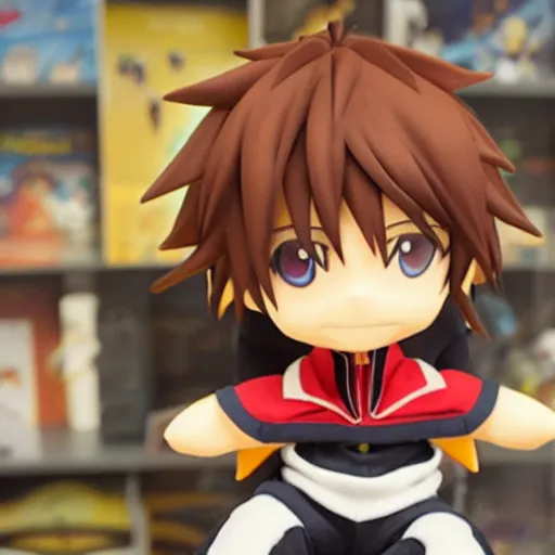 Prompt: A picture of a sora kingdom hearts plush toy, screenshot, square enix merch, Stuffed animal of an anime character, smiling