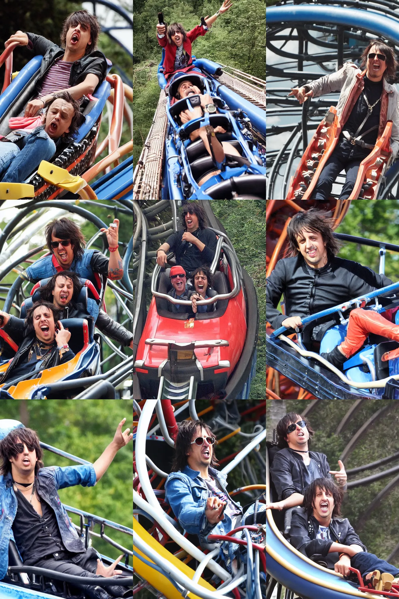 Prompt: Julian Casablancas riding a rollercoaster, having a great time, summer, park