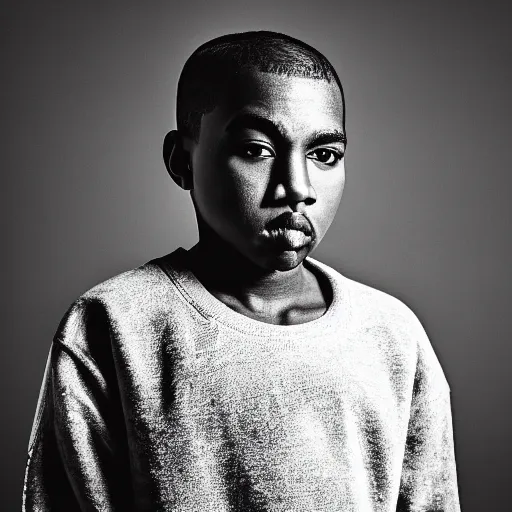 Prompt: the face of young kanye west wearing yeezy clothing at 1 3. 5 years old, black and white portrait by julia cameron, chiaroscuro lighting, shallow depth of field, 8 0 mm, f 1. 8