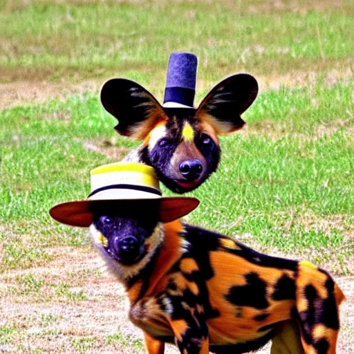 Image similar to A photo of the world's greatest showman: the african painted dog dressed in a hat!