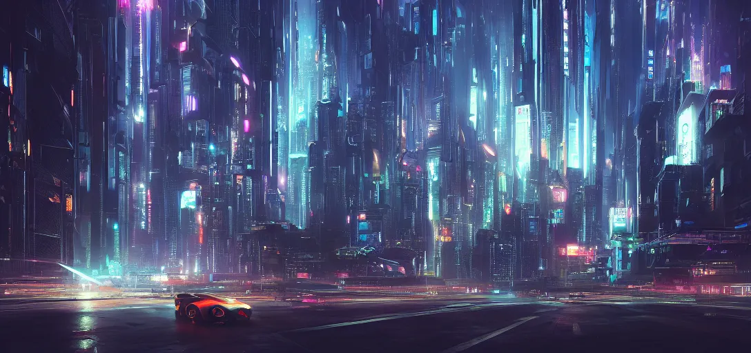 Image similar to view from the edge of a futuristic cyberpunk city at night in rain, refraction, reflection, lens flare, cars flying in the sky distance, symmetry, cinematic lighting, ultra detailed, sharp, ambient occlusion, raytracing, by greg rutowski, paul chadeisson and jessica rossier