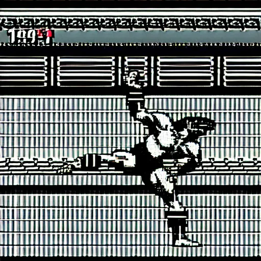 Prompt: extreme long shot. 8 bit nes graphics. antropomorphic muscular masculine wolf. kickboxer fighter in shorts. wolf head. art from nes game cartridge, unreal engine - h 7 6 8