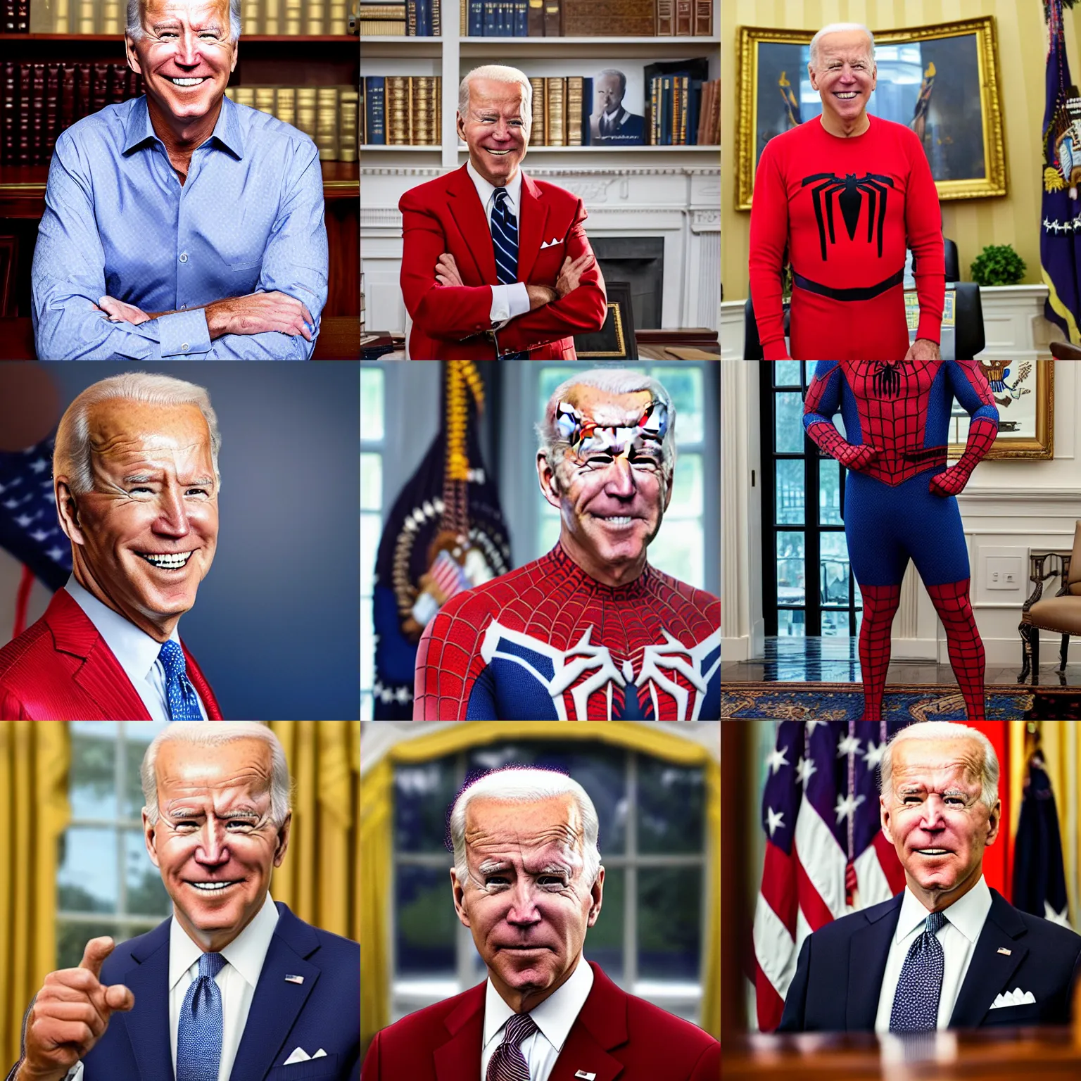 Image similar to professional head shot of joe biden wearing spiderman pajamas and standing in the oval office, very detailed, very intricate, detailed face,