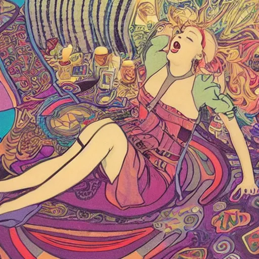 Image similar to rocker goth teen girl laying on the floor, writing on a journal. 1970s colorful psychedelic bedroom. Trippy. Mucha.