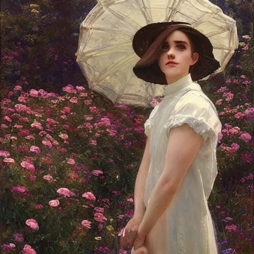 Image similar to closed eyes thick paint brush strokes full body fashion model smiling emma watson by Jeremy Lipking by Hasui Kawase by Richard Schmid (((smokey eyes makeup eye shadow fantasy, glow, shimmer as victorian woman in a long white frilly lace dress and a large white hat having tea in a sunroom filled with flowers, roses and lush fern flowers ,intricate, night, highly detailed, dramatic lighting))) , high quality