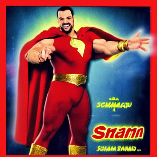 Prompt: photo of a vhs tape cover graphic for the movie “Shazam” starring Sinbad as a genie
