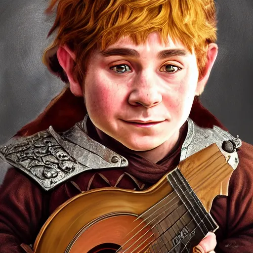 Prompt: realistic portrait of a halfling male holding a lute, happy, bard, short hair, intricate details, cinematic, photo, fantasy, medieval, trending on artstation, digital art, in the style of wizards of the coast