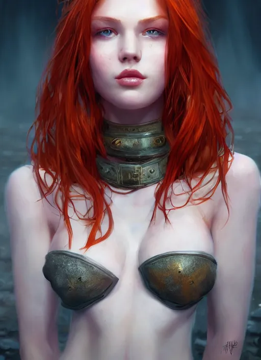 Image similar to Beautiful redhead girl which chest wrapped in bandages, portrait, fantasy, medieval, vivid colors, fantasy, elegant, concept art, sharp focus, beautiful face, digital art, Hyper-realistic, 4K, Unreal Engine, Highly Detailed, HD, Dramatic Lighting by Brom, trending on Artstation