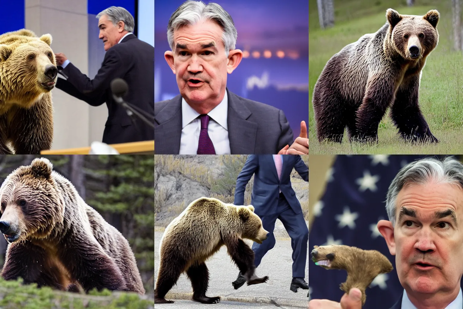 Prompt: Jerome Powell punches a grizzly bear on live television