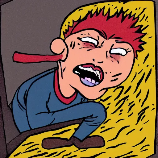 Prompt: cartoon of Crying Boy with oversized head shooting huge tears out of eyes battling angry evil turd in dirt room