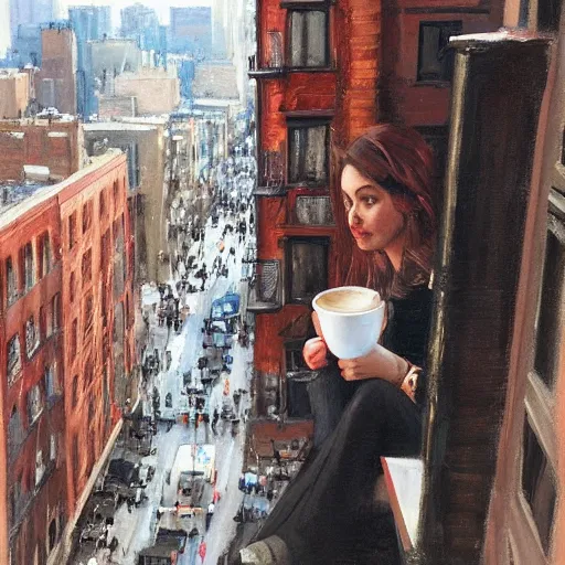 Prompt: “ top view of a girl holding a cup of coffee sitting on a fire escape overlooking the east village in new york city, morning light, by daniel gerhartz ”