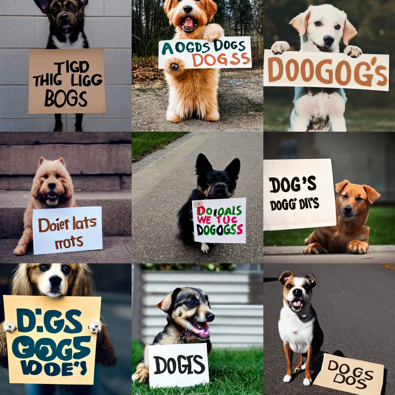 Image similar to realistic high quality photo of a cute dog holding a sign with text that reads : dogs