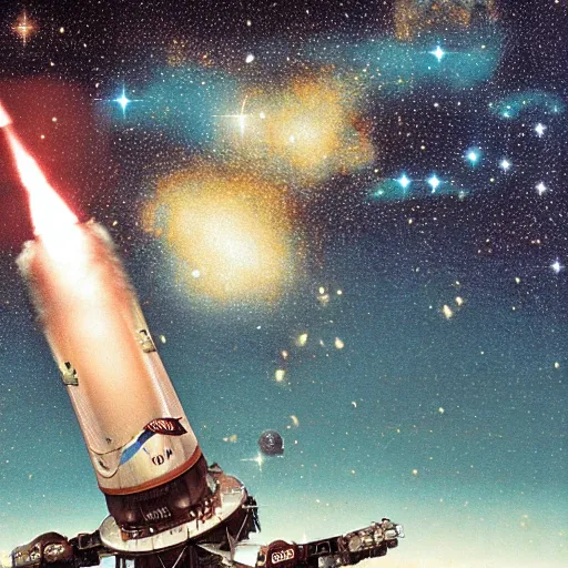 Prompt: A Portuguese rocket-powered caravel soaring through outer space, with stars and galaxies in the background