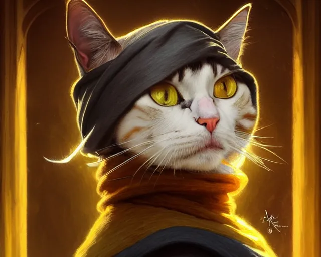 Prompt: a mind - blowing portrait of a cat wizard, yellow wizard hat, deep focus, d & d, fantasy, intricate, elegant, highly detailed, digital painting, artstation, concept art, matte, sharp, illustration, hearthstone, art by artgerm and greg rutkowski and alphonse mucha