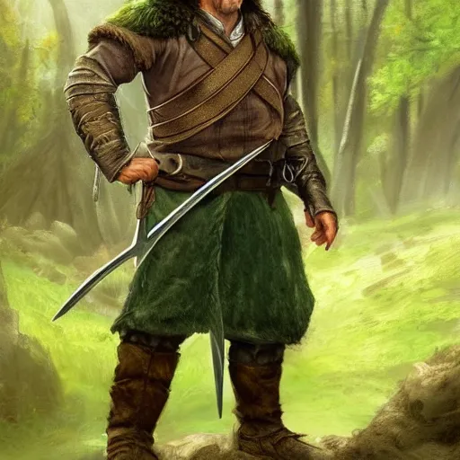 Prompt: a rugged warrior hobbit in leather armor with very short hair and a dark green cloak hiking through the forest holding a hunting bow, clean shaven, trending on artstation, realistic, detailed, by Tony Sart