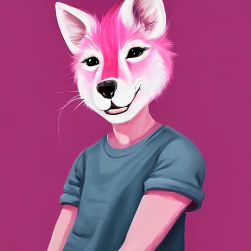 Image similar to a painting of a cute boy with pink hair and pink wolf ears, artstation, artistic, highly detailed