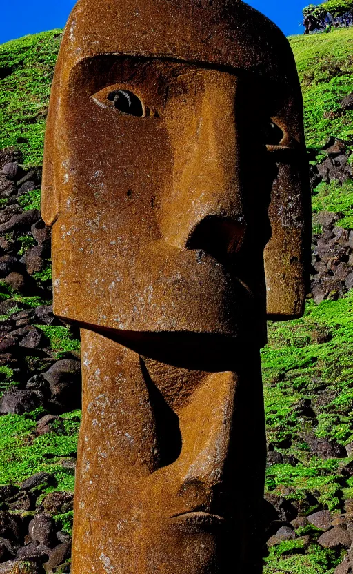 Image similar to an Easter Island head statue close up, fisheye lens, low level, 4k photograph,