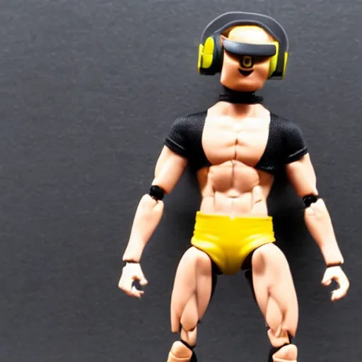 Prompt: action figure of a skinny blonde male wrestler wearing a black vr headset and wearing a t - shirt and jeans, high detail, realistic,