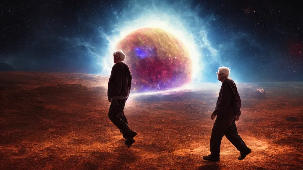 Image similar to an elderly man walking on a planet. close bottom view. whole body. nebula background. cinematic composition. cinematic lightning. ultra realistic. 8 k. highly detailled. deep space. ultra realistic details. cinematic atmosphere. studio lighting. shadows. dark background.