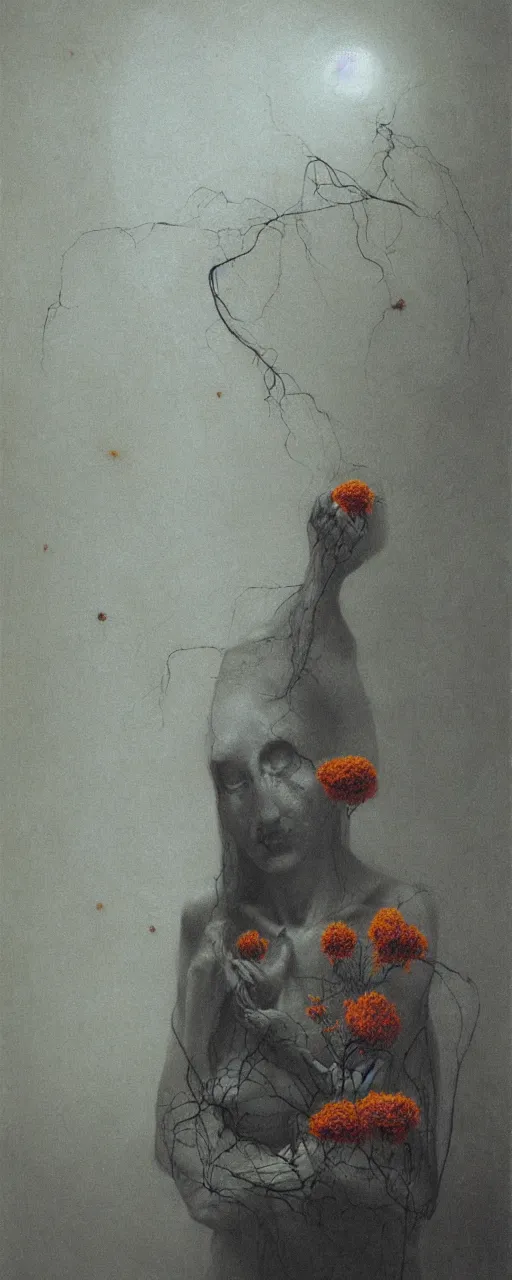 Image similar to a golemn tending to a beautiful dried flower in a dark room, zdzislaw beksinski, arthur rachham, 8 k, artstation