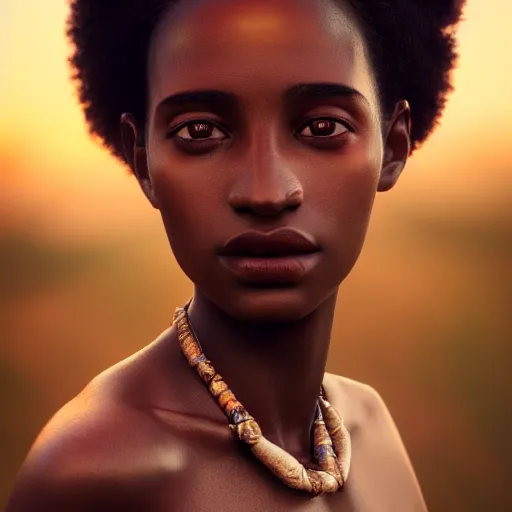 Image similar to photographic portrait of a stunningly beautiful african renaissance female in soft dreamy light at sunset, beside the river, soft focus, contemporary fashion shoot, in a denis villeneuve and tim burton movie, by edward robert hughes, annie leibovitz and steve mccurry, david lazar, jimmy nelsson, extremely detailed, breathtaking, hyperrealistic, perfect face, octane render