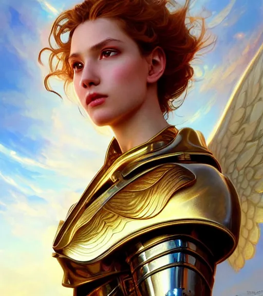 Image similar to A beautiful angel wearing metallic battle armor and a flaming sword, wing, among heavenly sunlit clouds, close-up shot, intricate, elegant, digital painting, golden hour, cinematic, trending on artstation, concept art, smooth, sharp focus, illustration, art by artgerm and Greg Rutkowski and Alphonse Mucha