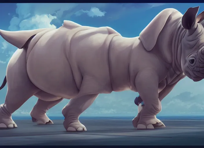 Image similar to character portrait feature of the anthro male anthropomorphic rhino fursona wearing airline pilot outfit uniform professional pilot character design stylized by charlie bowater, ross tran, artgerm, and makoto shinkai, detailed, soft lighting, rendered in octane, maldives in background